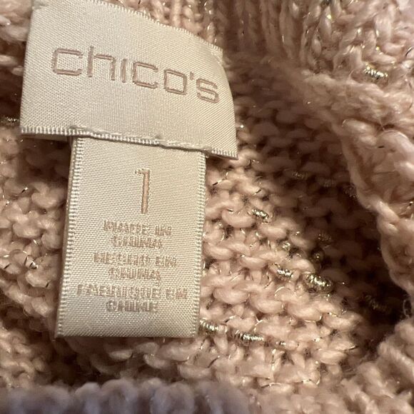 Chicos Sweater Size 1 Women's Blush Pink Long Chunky Knit Gold Metallic Pullover - Picture 7 of 9